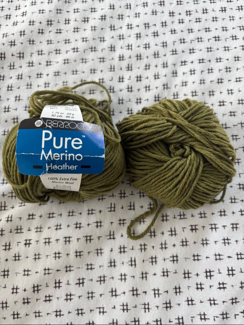 Berroco Pure Merino Heather Yarn- 2 skeins, olive green, 1.75oz, 92 yards each